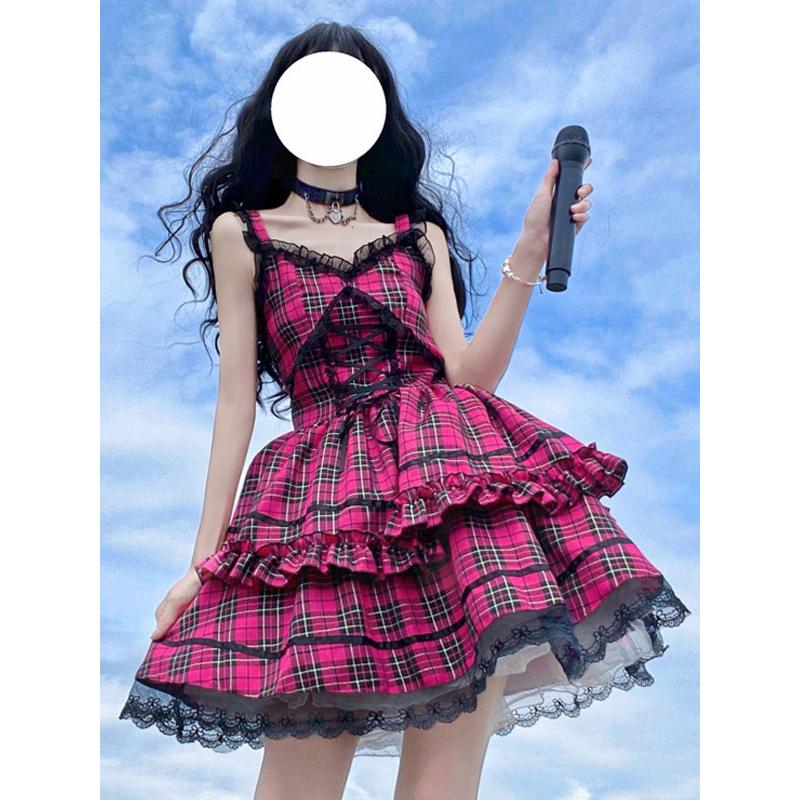 アイドル服ロリータJSKドレスローズレッドチェック柄プリント柄フリル