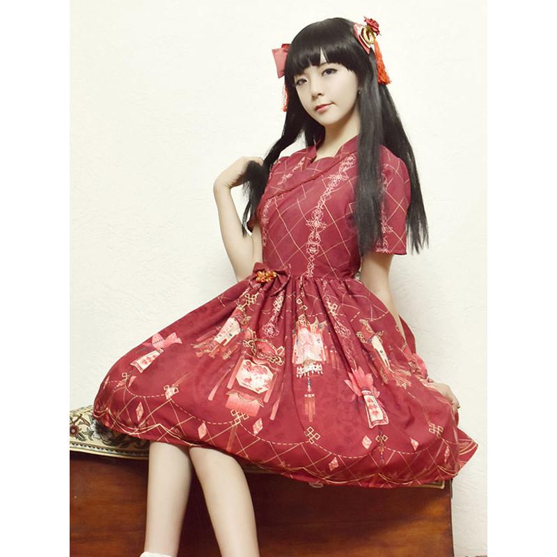 中華ロリータ ロリィタドレス ゴシック ロリータ服 ロリィタドレス 半袖 ロリータワンピース Op チャイナスタイル クラシカル クラロリ 半袖 夏 イベント ハロウィン 赤黄青三色 コス屋 t お茶会