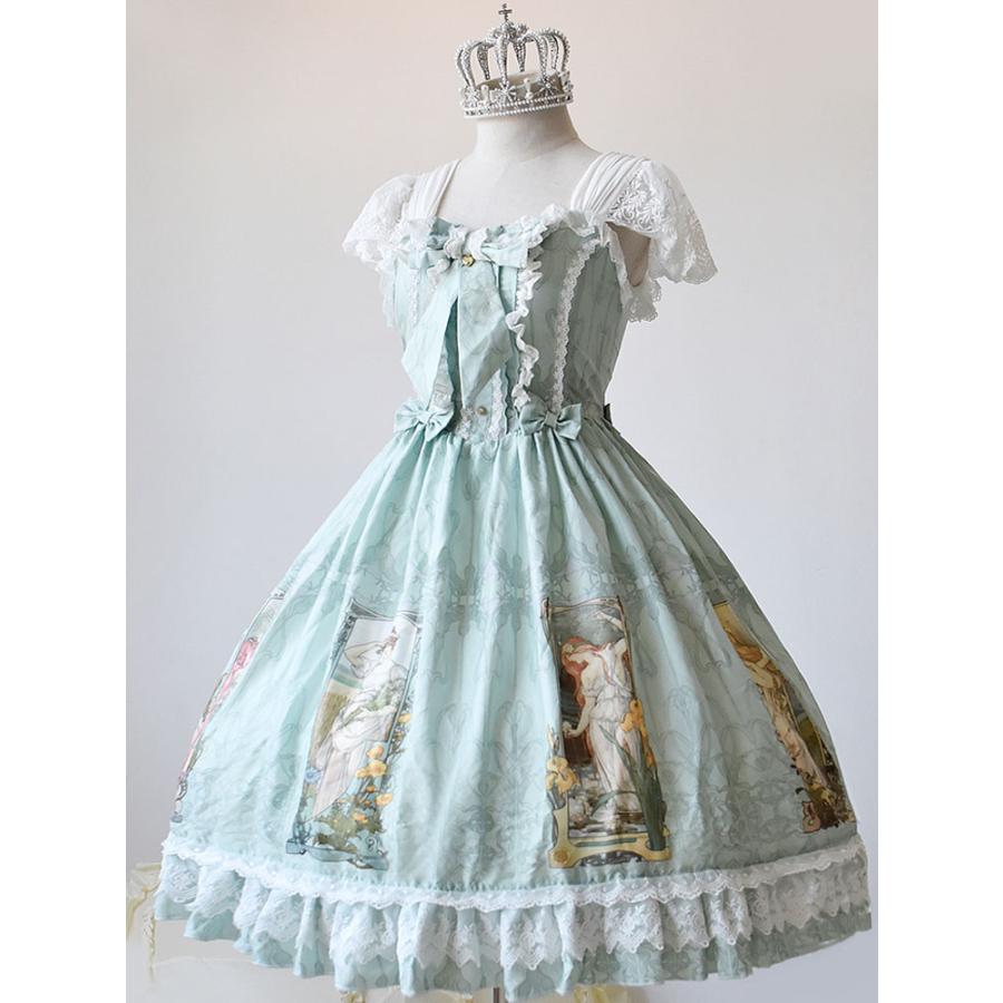 ロリィタドレス　リボン　スウィート　綿繊維　ストラップ　カジュアル　プリント柄 ロリィタドレス リボン スウィート 綿繊維 ストラップ カジュアル