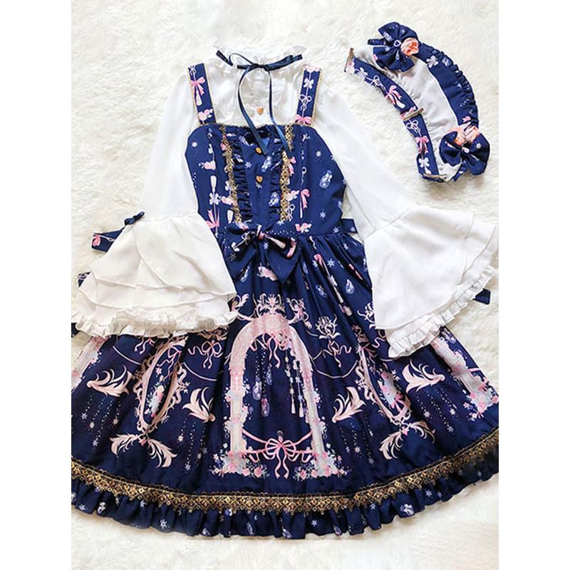 甘ロリ JSKドレス ブルー フリル ノースリーブ プリント柄 童話