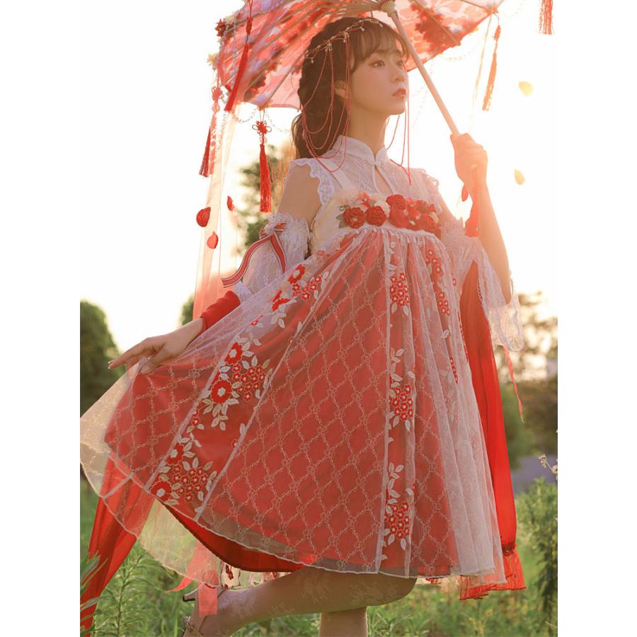 中華ロリ　JSKドレス　ジャンパースカート　レッド　中国風　ロリィタワンピース　赤い　ノースリーブ　刺繍　リボン　プリーツ 中華ロリ JSKドレス ジャンパースカート レッド 中国風 ロリィタ