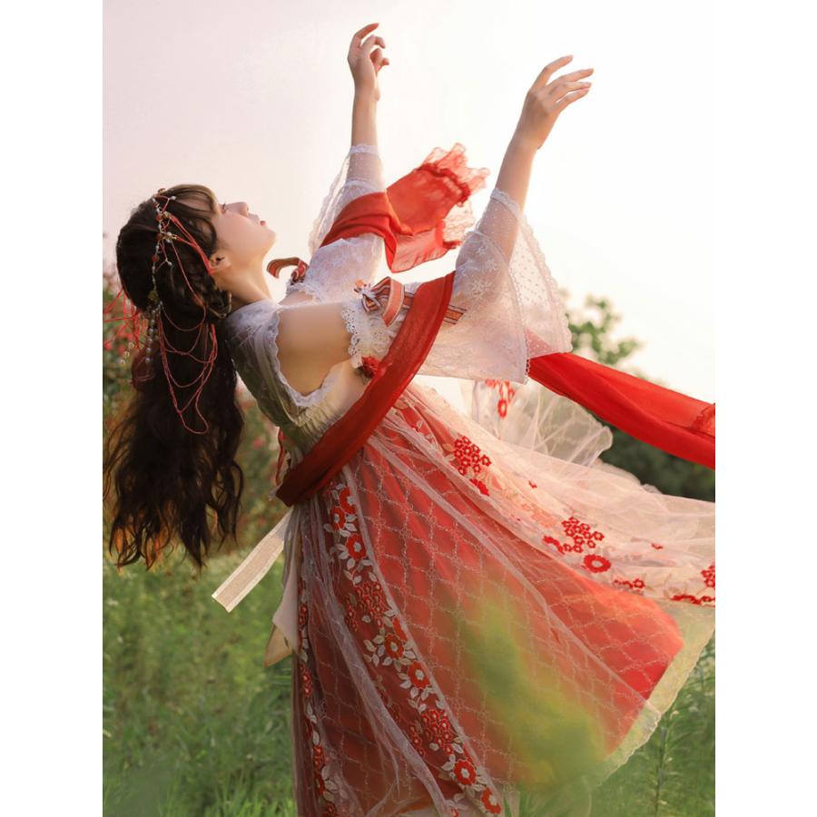 中華ロリ　JSKドレス　ジャンパースカート　レッド　中国風　ロリィタワンピース　赤い　ノースリーブ　刺繍　リボン　プリーツ 中華ロリ JSKドレス ジャンパースカート レッド 中国風 ロリィタ