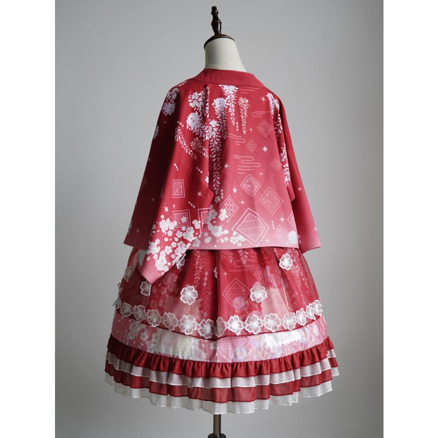 ワロリータJSKドレスフローラルプリント着物ロリータドレス弓花赤