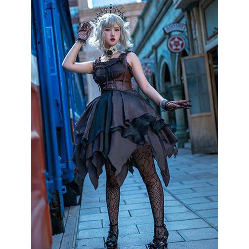 カスタマイズされた甘いゴシックロリータドレス七つの大罪欲望ディープパープルノースリーブフローラルプリントカスケードフリルポリエステ カスタマイズされた甘いゴシックロリータドレス七つの大罪欲望ディープ