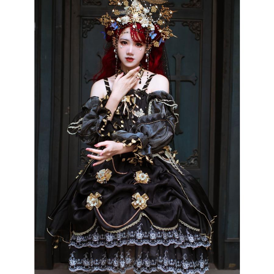 ロリータウェディングドレスロリータJSKドレスブラックゴールドノースリーブビーズレースロリータジャンパースカート ロリータウェディングドレスロリータJSKドレスブラックゴールド