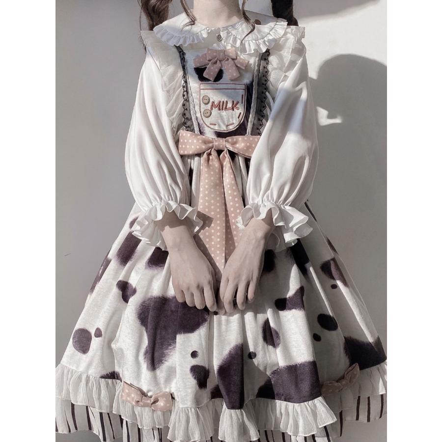 甘いロリータJSKドレス白ノースリーブ牛柄ボウノットデイリー