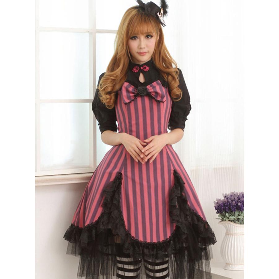 ロリータ服　ワンピース　ローズレッド　半袖　ポートレイトネック　ストライプ柄 ロリータ服 ワンピース ローズレッド 半袖 ポートレイトネック