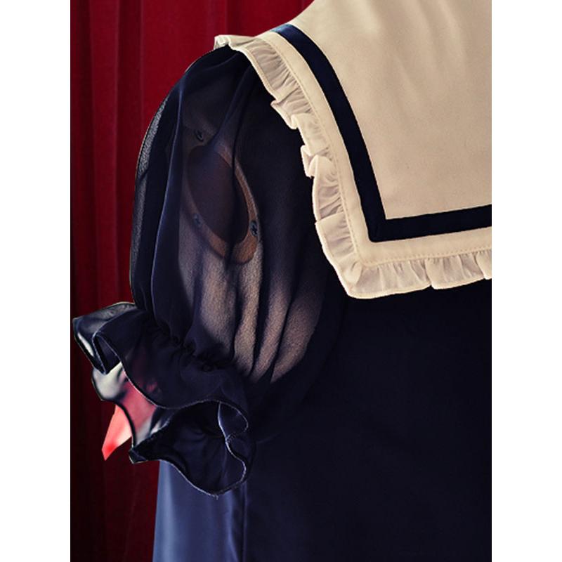 ロリィタワンピース シフォン レトロ 折り襟 パーティー リボン 半袖