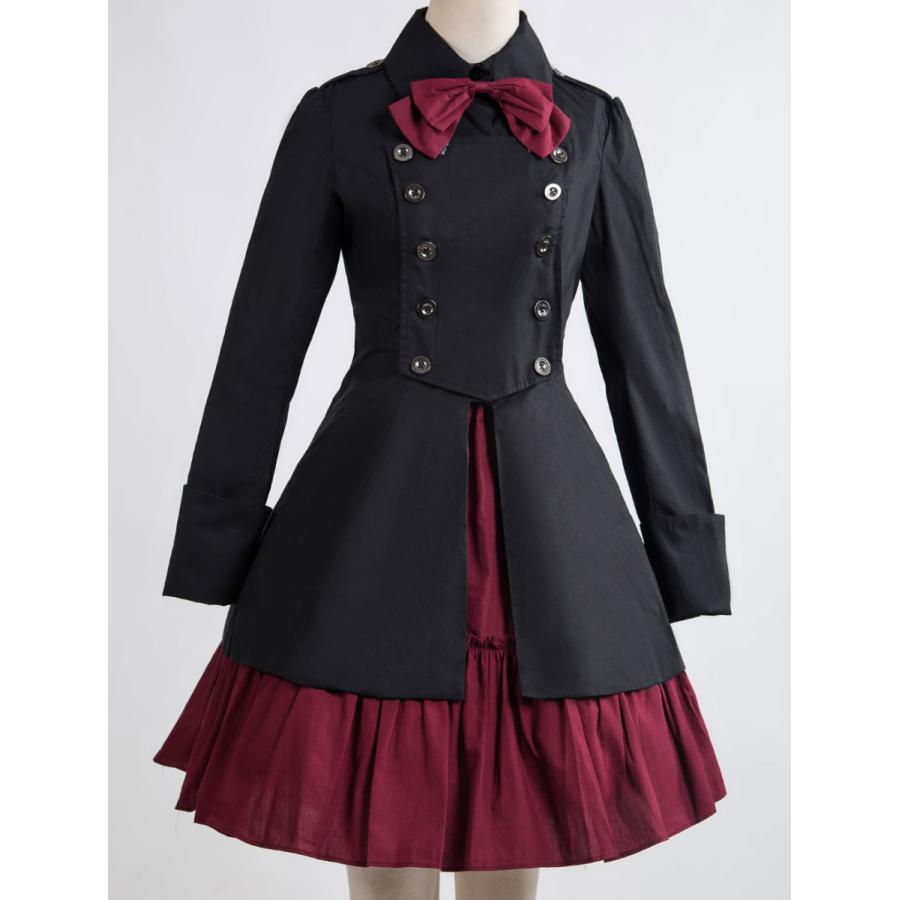 Amavel ダブルブレスト 軍服　ワンピース 　ワインレッド　ブラック ゴスロリ軍服ワンピース OP ブラック コットン ダブルブレスト ボタン