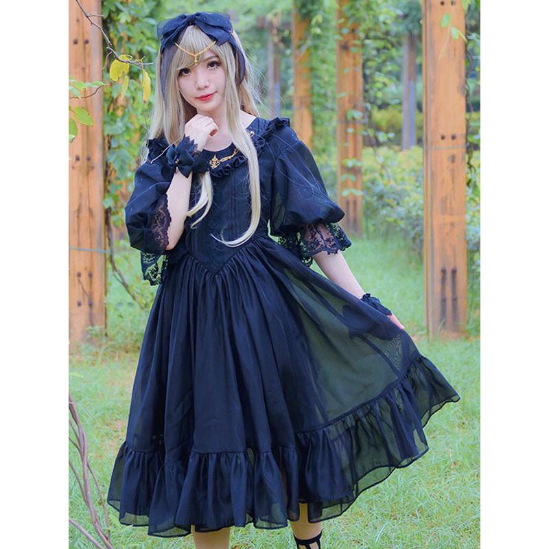 袖ありのワンピース　2021　ハーフスリーブ　オーガンザ　カジュアル　スクープネック　無地クラシックロリータワンピース 袖ありのワンピース 2021 ハーフスリーブ オーガンザ カジュアル