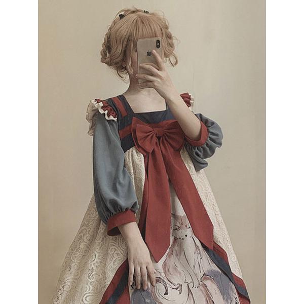 中国風ロリータOPドレスナインテールフォックスプリントレース長袖ハン