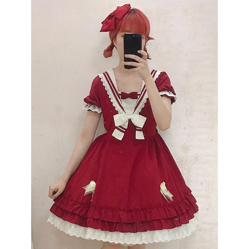甘ロリ スウィート ロリータワンピース 半袖 レッド リボン柄 Opドレス ロリータ ボウブルゴーニュボウ ロリータワンピースドレス t コス屋 通販 Yahoo ショッピング