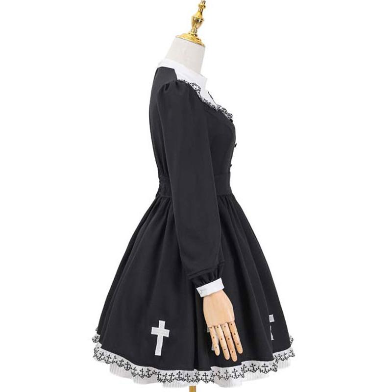 ゴシックロリータドレスOPブラッククロス尼僧ロングスリーブロリータ