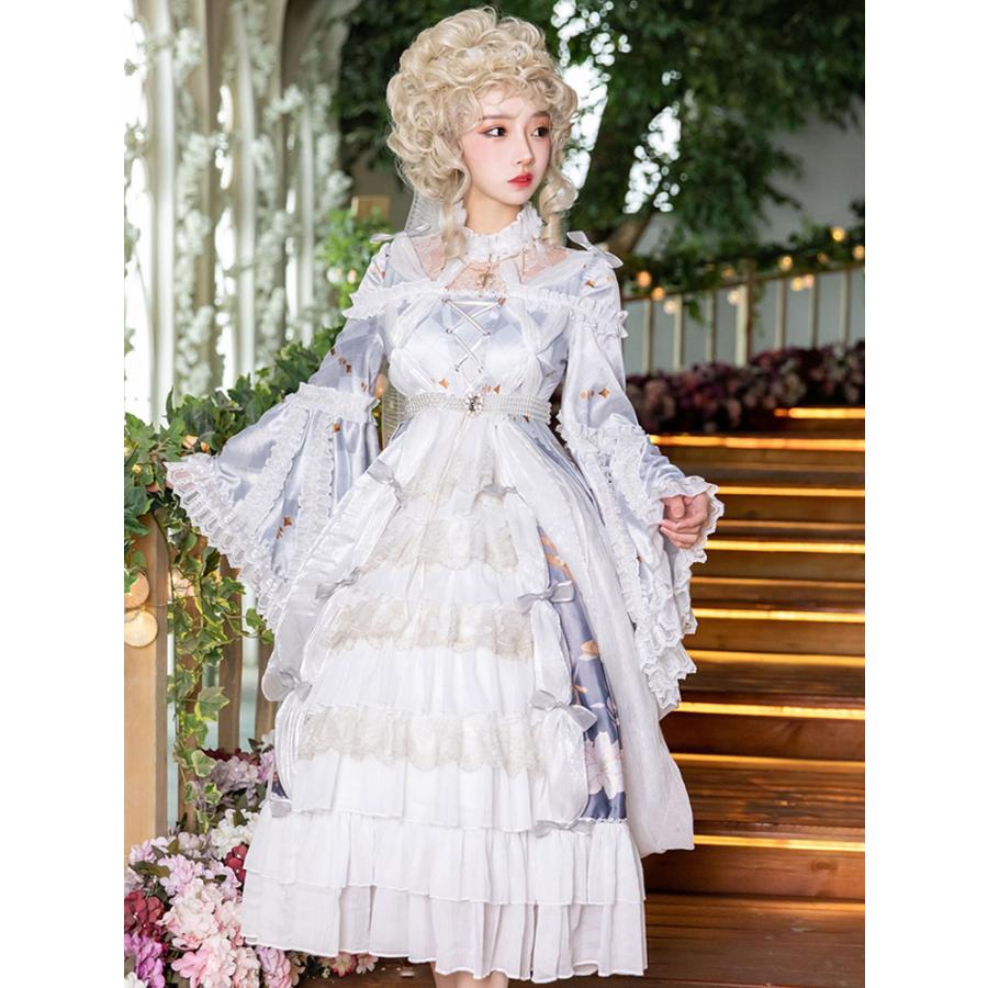 古典的なロリータOPドレスフルセットクロスリリー花柄プリントロリータ