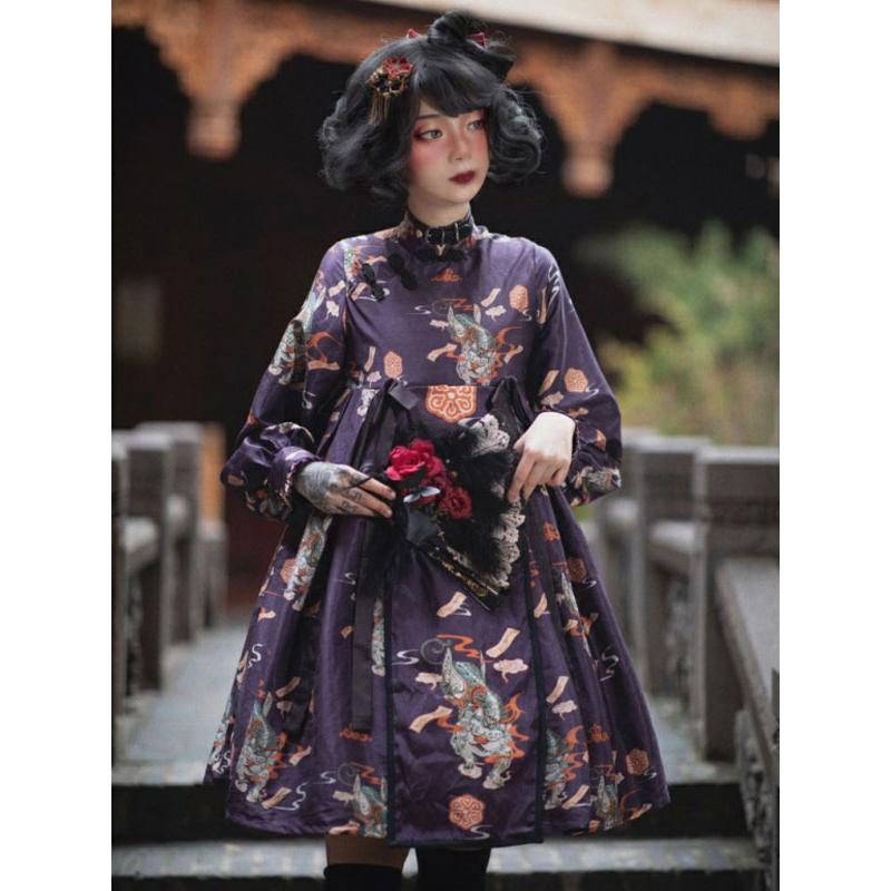 甘いロリータOPドレスネバーランドドレープボウディープパープルフローラルプリント長袖ポリエステルロリータワンピースドレス 甘いロリータOPドレスネバーランドドレープボウディープパープル