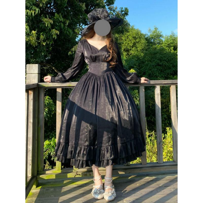 ゴシックロリータOPドレスネバーランドカスケードフリルボウブラック