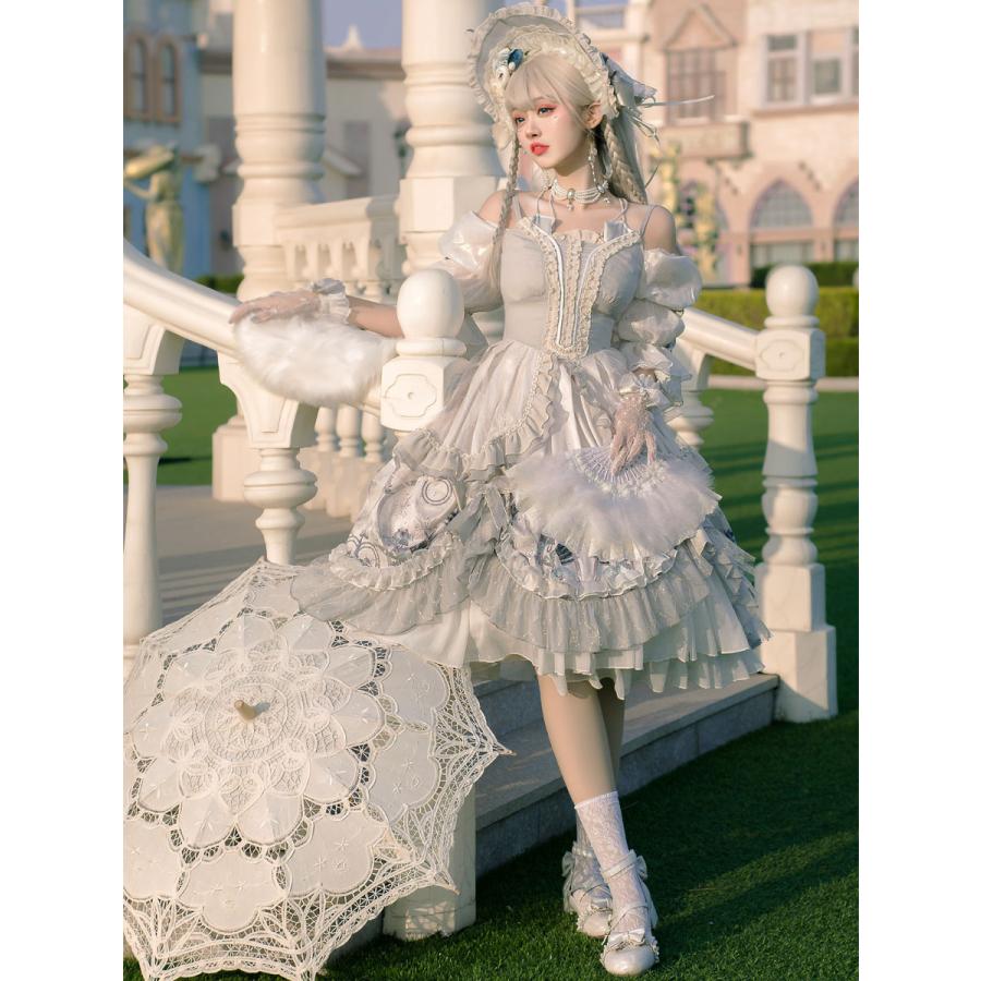 甘いロリータウェディングOPドレスフローラルプリントライトグレー 