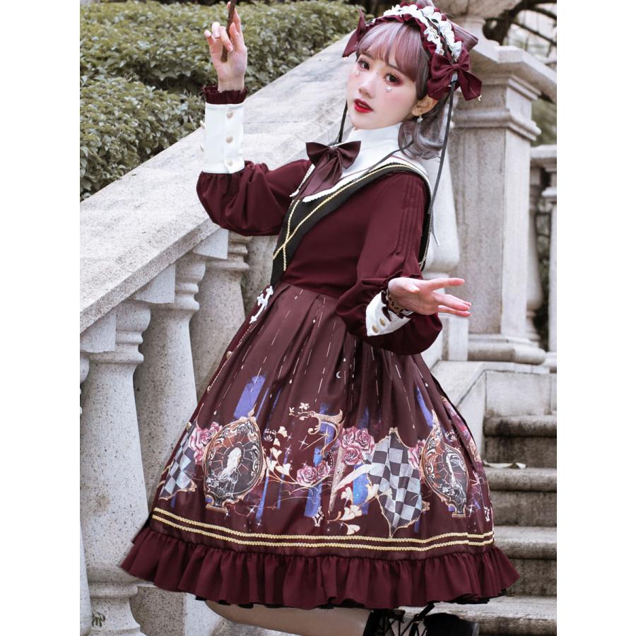 アカデミックロリータOPドレス4ピースセットブルゴーニュグロメット