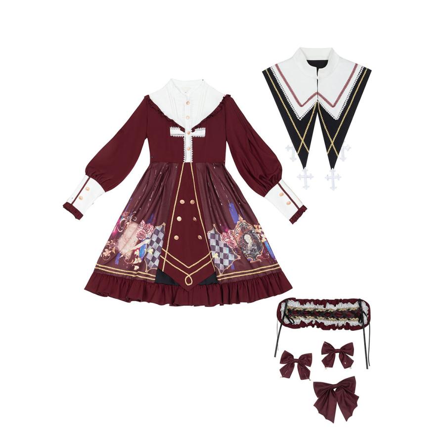 アカデミックロリータOPドレス4ピースセットブルゴーニュグロメットボウロリータワンピースドレス衣装 アカデミックロリータOPドレス4ピースセットブルゴーニュグロメット