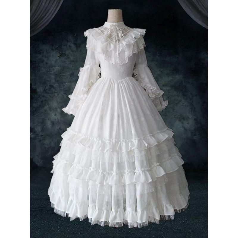 クラシックロリータOPドレス 4ピースセット ホワイト フリル 長袖