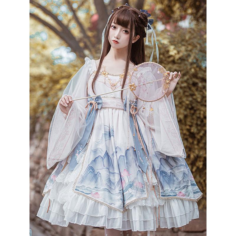 チャイナロリータワンピース ホワイト山柄 華ロリ 中華風 撮影 チャイナロリータワンピース ホワイト山柄 華ロリ 中華風 撮影