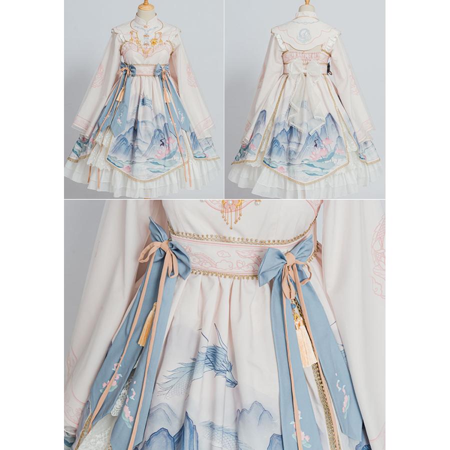 チャイナロリータワンピース　ホワイト山柄　華ロリ　中華風　撮影　リボン　夢かわ　チャイナ服_2