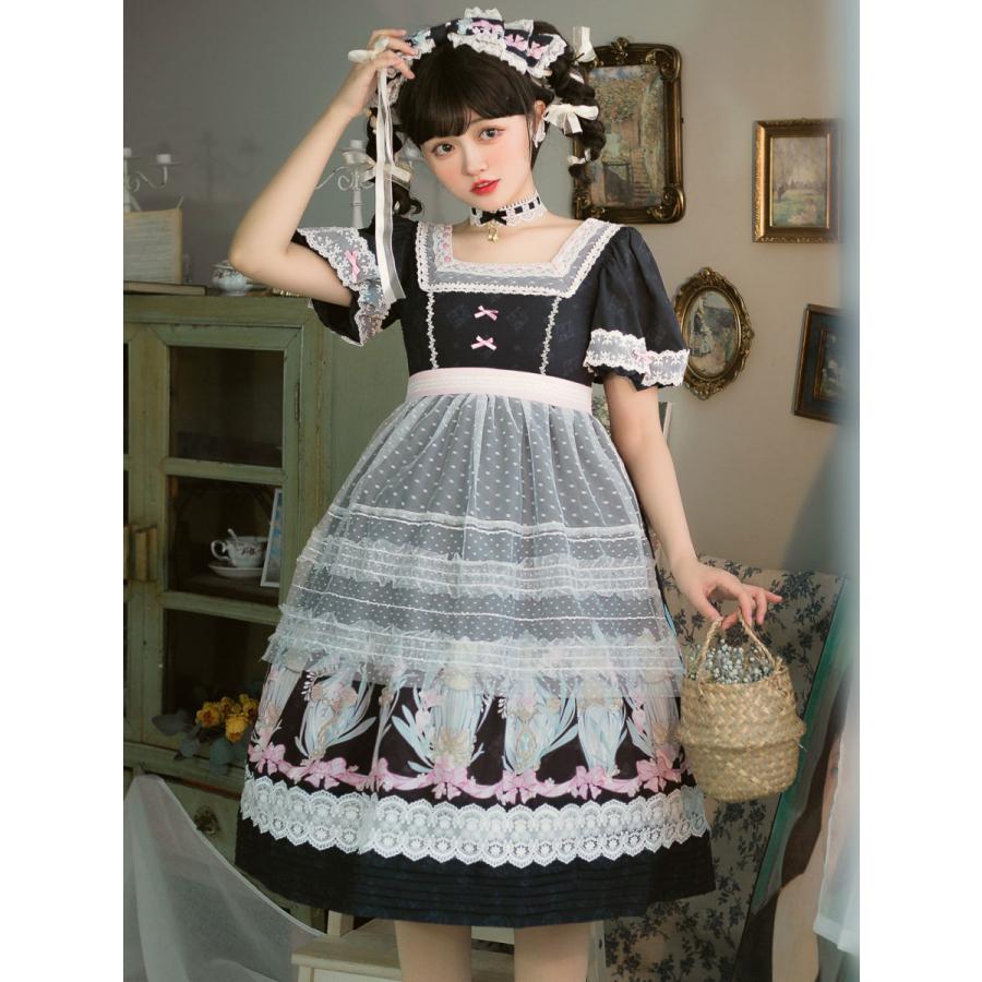 甘いロリータOPドレスミントグリーン半袖ポリエステルレースデイリー