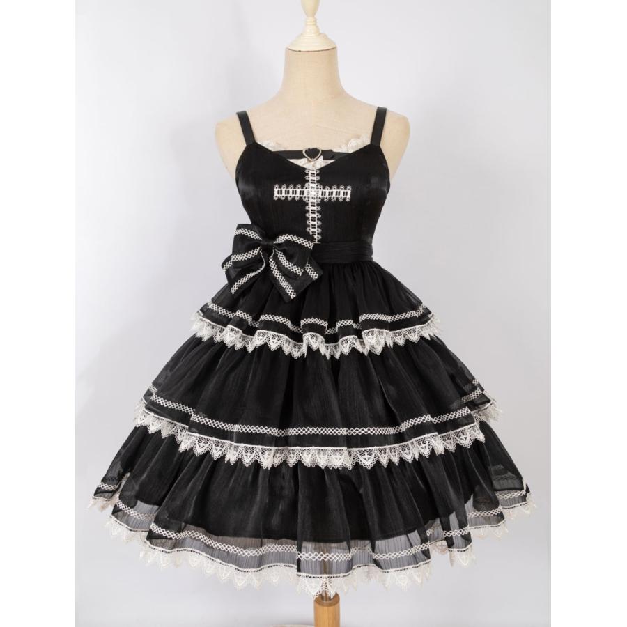 ゴシックロリィタ ジャンパースカート＆ボレロセット 黒 十字架チャーム付き ゴシックロリータワンピース十字架教会ミモレ丈半袖クロス