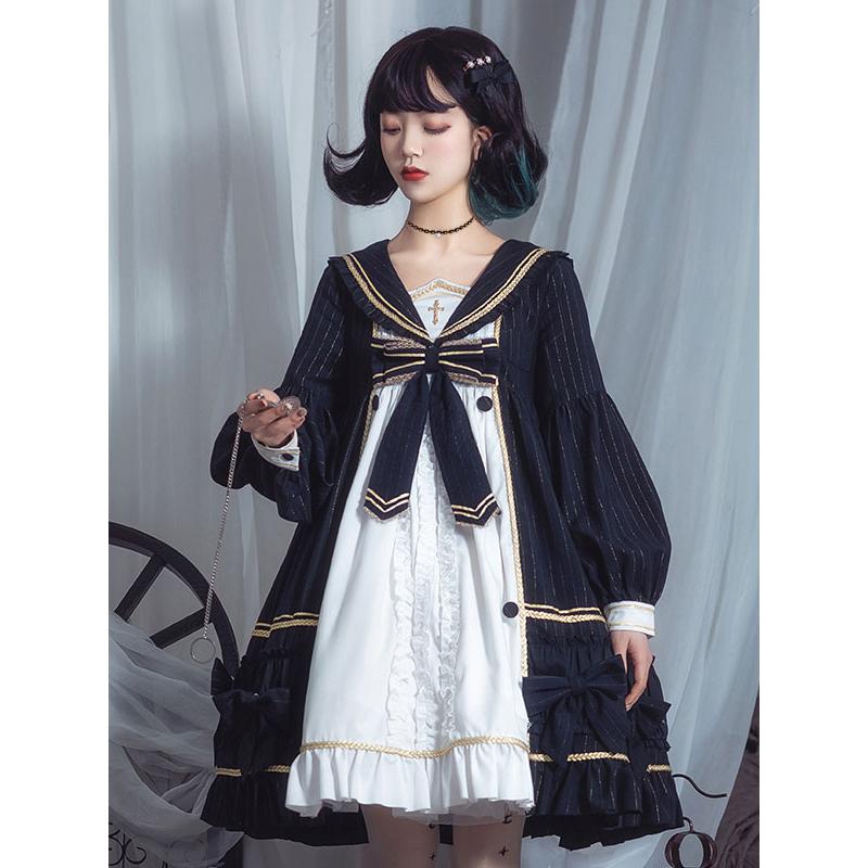 ゴシックロリータOPドレスセーラーカラーネイビーブルー長袖リボン