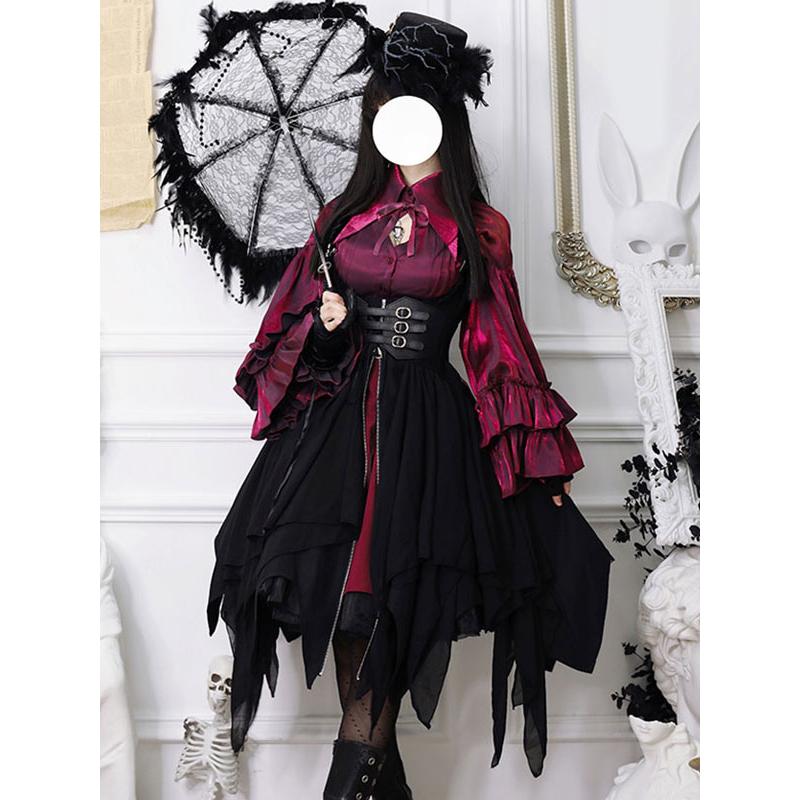 ゴスロリ SK ブラック レースアップ フリル ポリエステル ロリータ