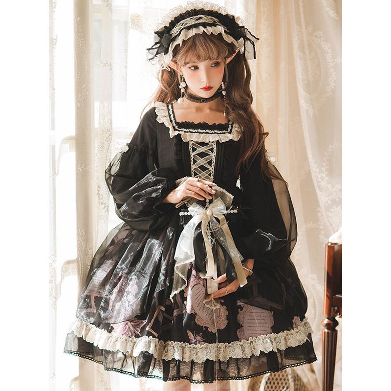 ゴシックロリータドレス長袖フリルレースボウブラックロリータ