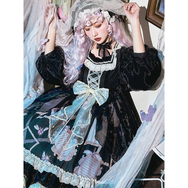 年中無休 ゴシックロリータドレス長袖フリルレースボウブラックロリータワンピースドレス ゴシック ロリータ服 サイズ S Lifeinlacruz Com