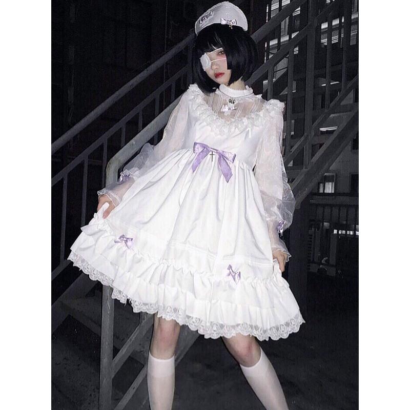 ホワイトロリータOPドレスゴシックフリルボウクロス長袖ロリータ