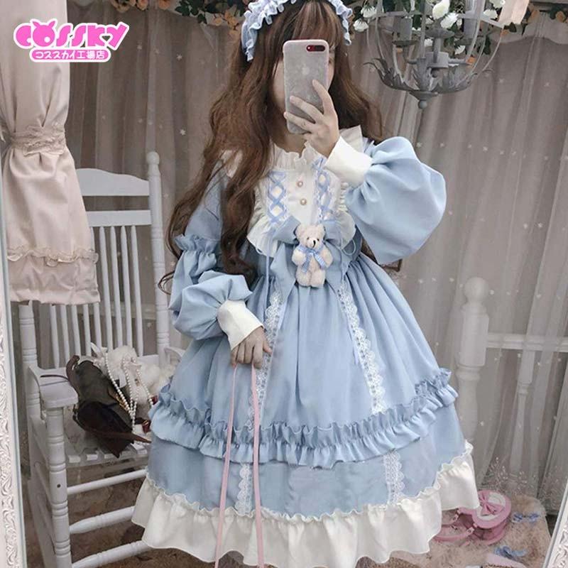 ワンピース ロリータ ゴスロリ ワンピース かわいい 長袖 コスプレ ブルー コーヒー色 テディベア 森ガール レディース かわいい 熊リボン付き 27 Cossky 通販 Yahoo ショッピング