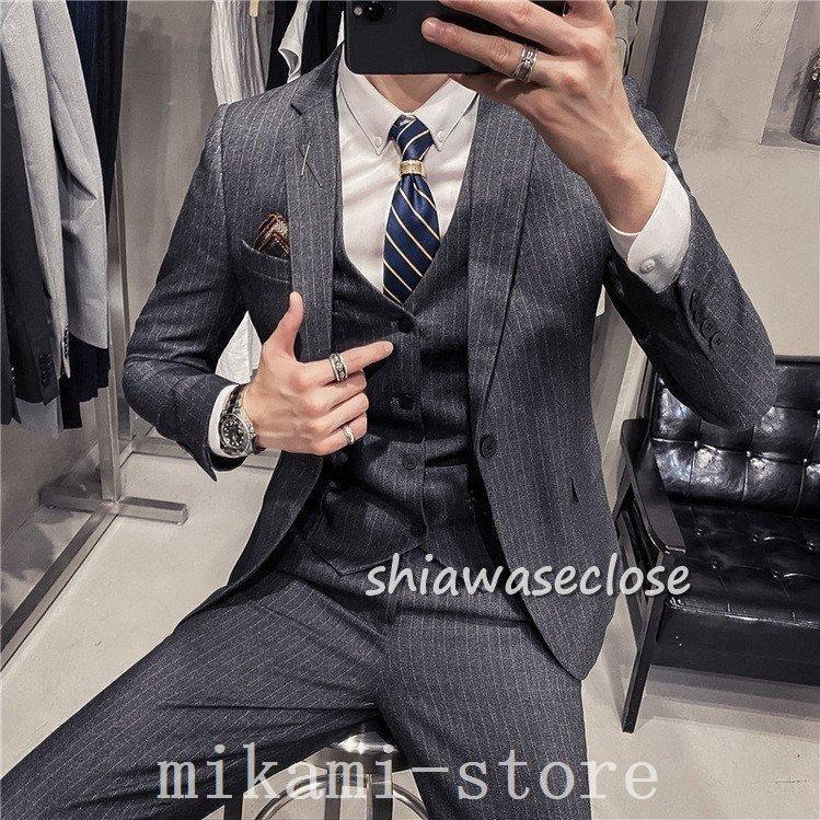 最安値挑戦 スーツメンズおしゃれビジネススーツストライプカジュアルスーツ3ピーススーツフォーマルスーツスーツセットアップ洗える細身紳士服通勤結婚式 シングルスーツ カラー ネイビー Vesismin Com