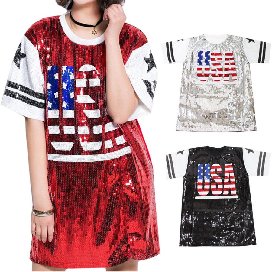 スパンコール ダンス衣装 Tシャツ 半袖 アメリカ国旗柄 ゆったり