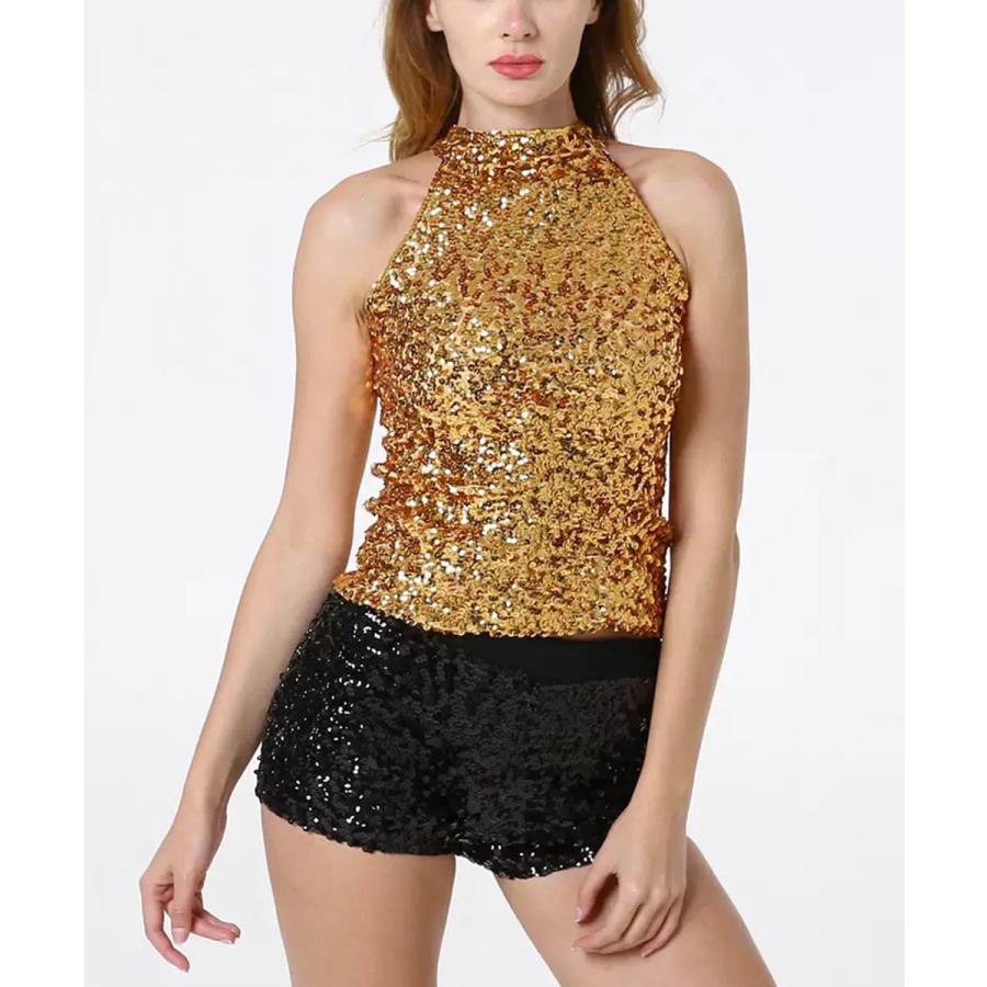 D&G スパンコールタンクトップ 黒・金 スパンコール ダンス衣装 トップス アメスリ ハイネック ノースリーブ