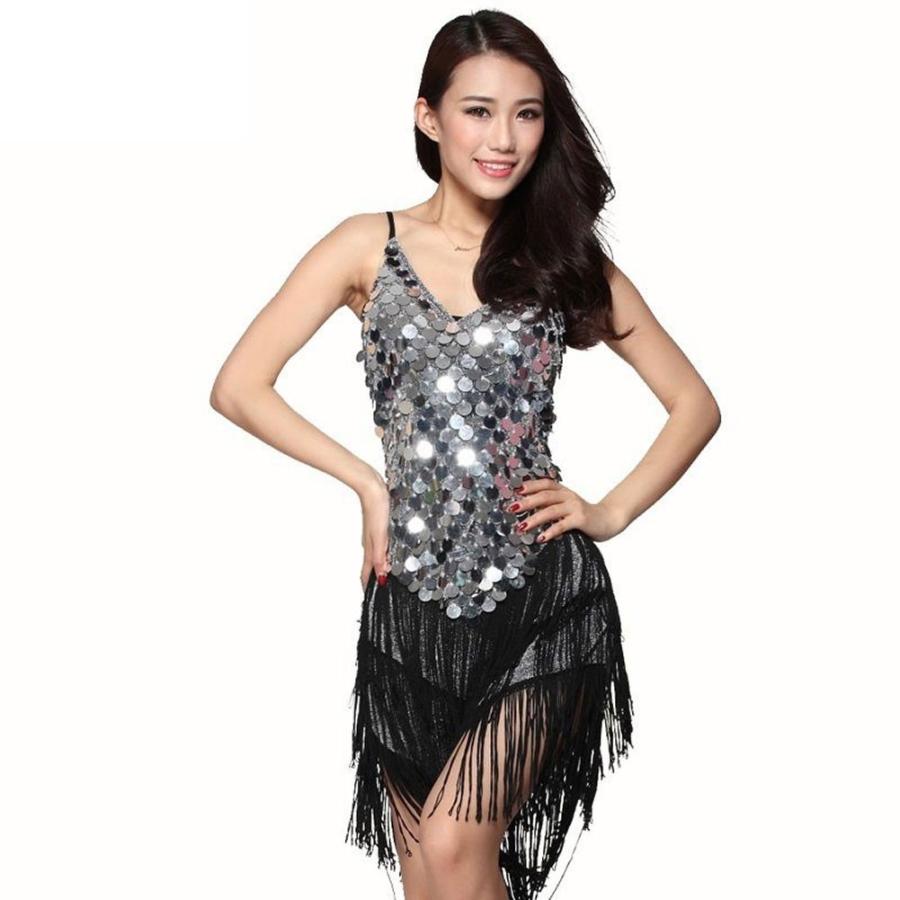スパンコール ダンス衣装 ワンピース フリンジ ドレス ストレッチ 裏地 