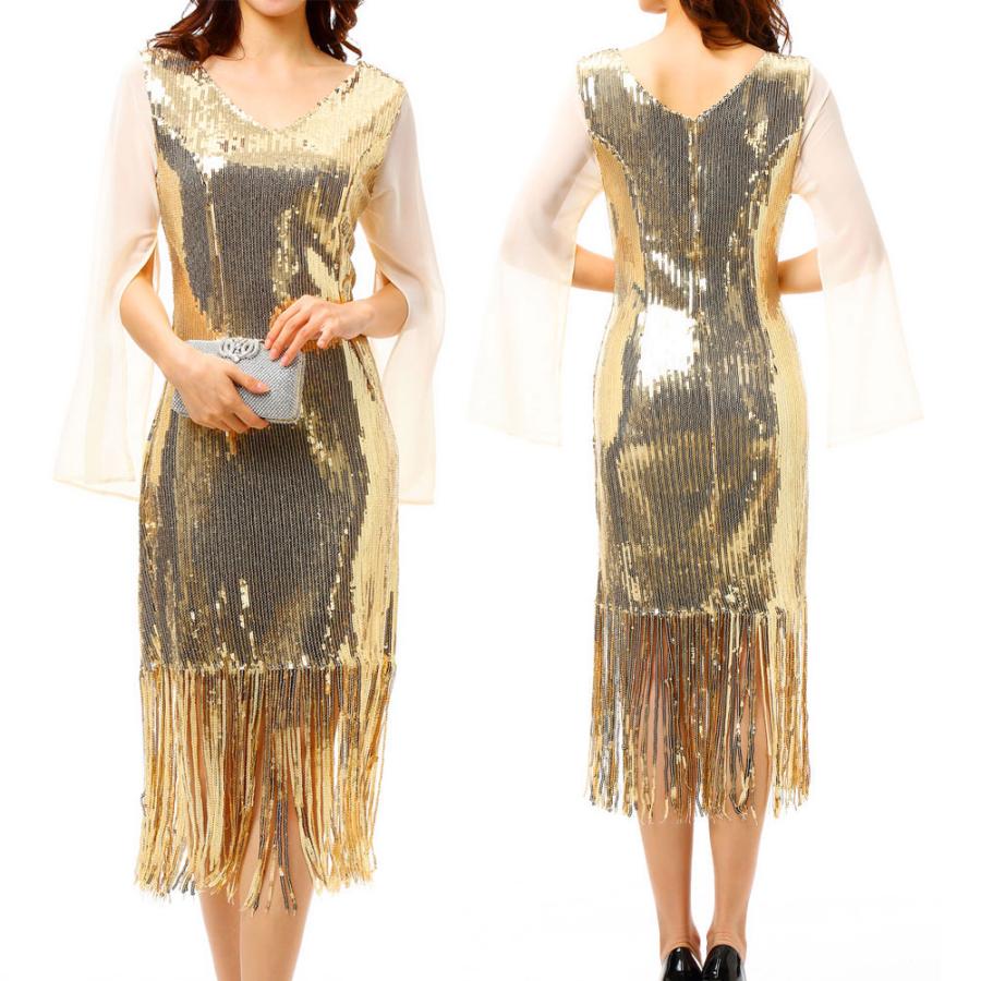 スパンコール ワンピース フリンジ ドレス 長袖 ストレッチ 裏地つき