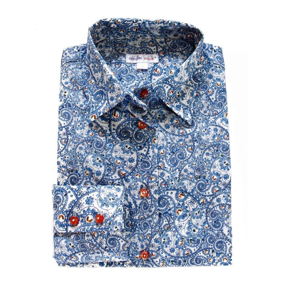 柄シャツ ストレッチ レディース ブラウス 花柄 ペイズリー レトロ柄 ブルーシャツ ブランド Coton Doux コトンドゥ L12ad2133paisley L12ad2133paisley Cotondoux コトンドゥ ヤフー店 通販 Yahoo ショッピング