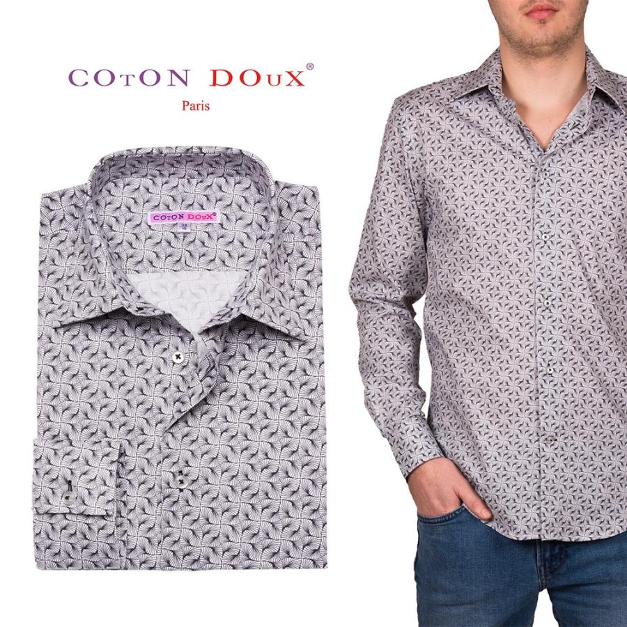出産祝い おしゃれ モノトーン 柄シャツ 長袖シャツ メンズ モダン M01ad1845greyg コトンドゥ Cotondoux ブランド 総柄シャツ グレー シック 長袖 サイズ 41 Xl