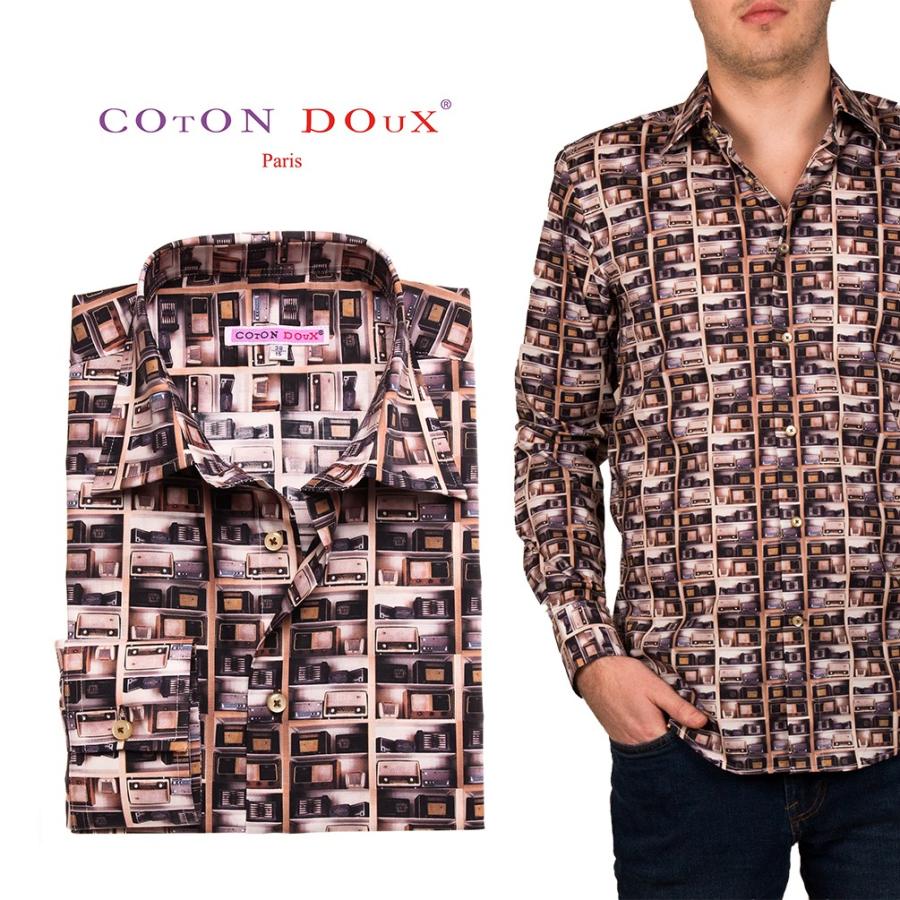 柄シャツメンズ 長袖シャツ ブランド ブラウン 茶色 ライブ ステージ レトロ ヴィンテージ ラジオ Cotondoux コトンドゥ M01ad1856radio M01ad1856radio Cotondoux コトンドゥ ヤフー店 通販 Yahoo ショッピング