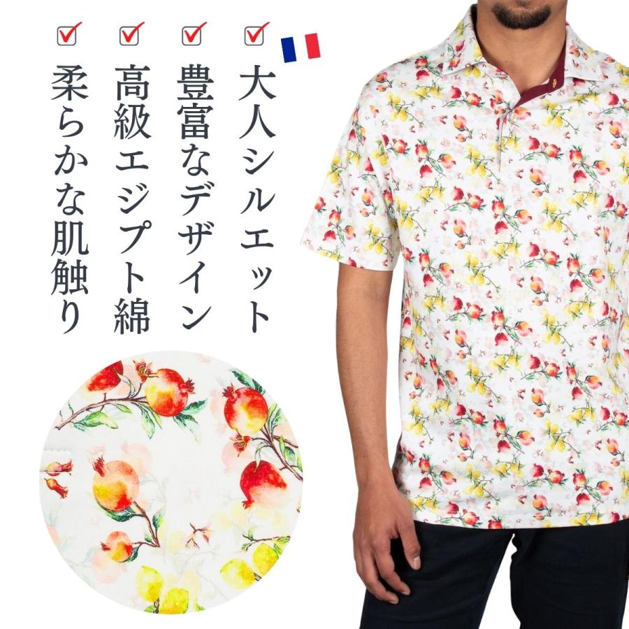 ポロシャツ メンズ 半袖 柄シャツ 花柄 ザクロ柄 プリント ギフト 
