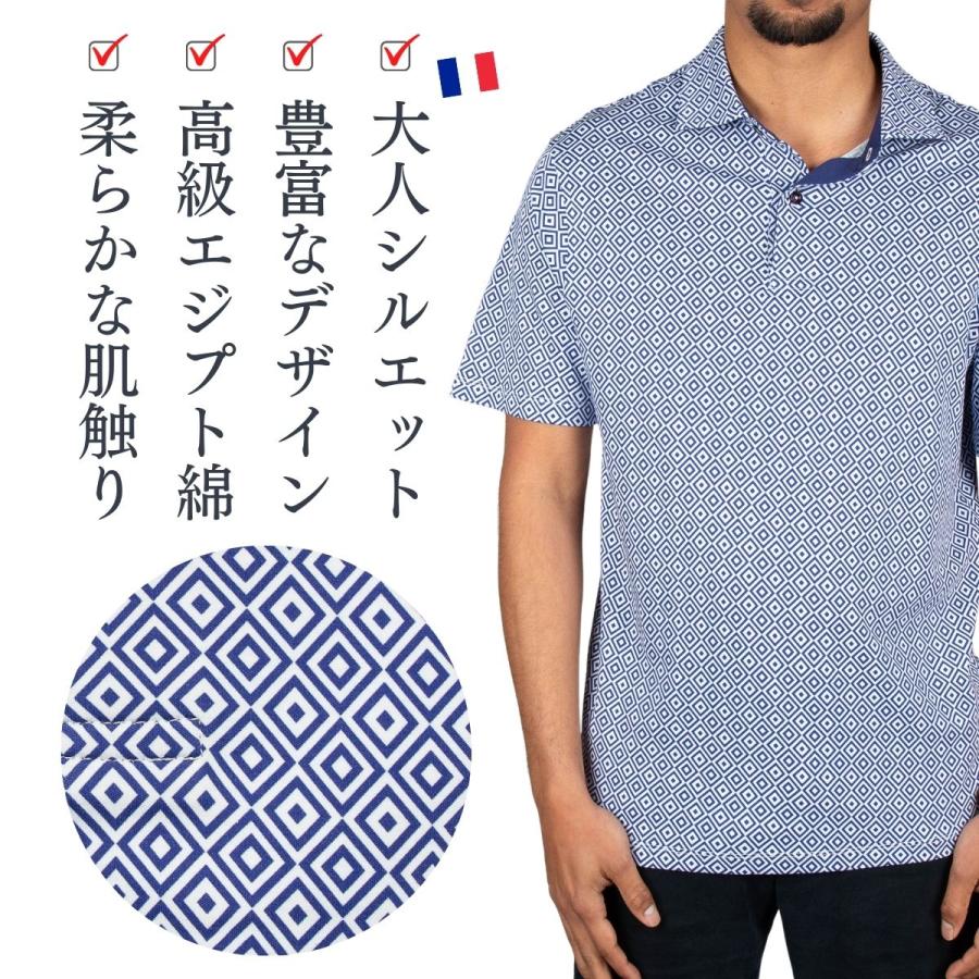 ポロシャツ メンズ 半袖 柄シャツ ブルー ジオメトリック 幾何学模様 