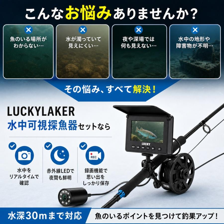 魚群探知機 ポータブル魚群探知機 沖でも魚群をキャッチ フィッシングカメラ 水中カメラ 釣り 4.3インチモニター 取付クランプ 釣竿 魚探 水中探査 深度30M |  | 01