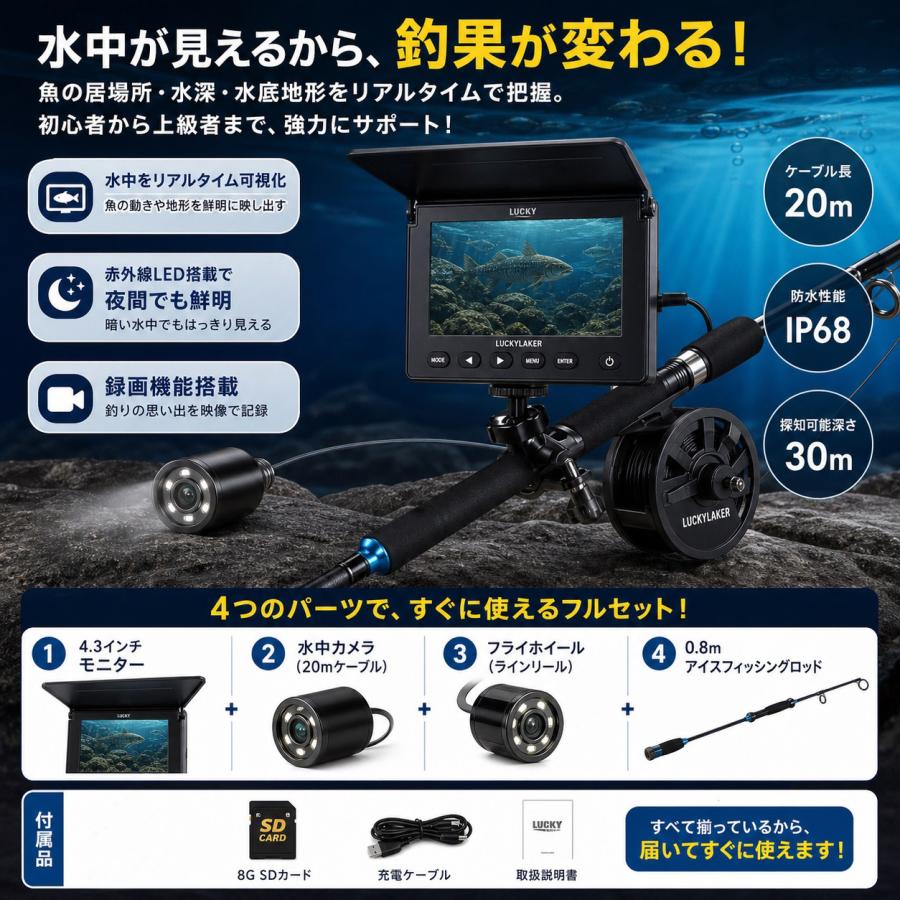 魚群探知機 ポータブル魚群探知機 沖でも魚群をキャッチ フィッシングカメラ 水中カメラ 釣り 4.3インチモニター 取付クランプ 釣竿 魚探 水中探査 深度30M |  | 03