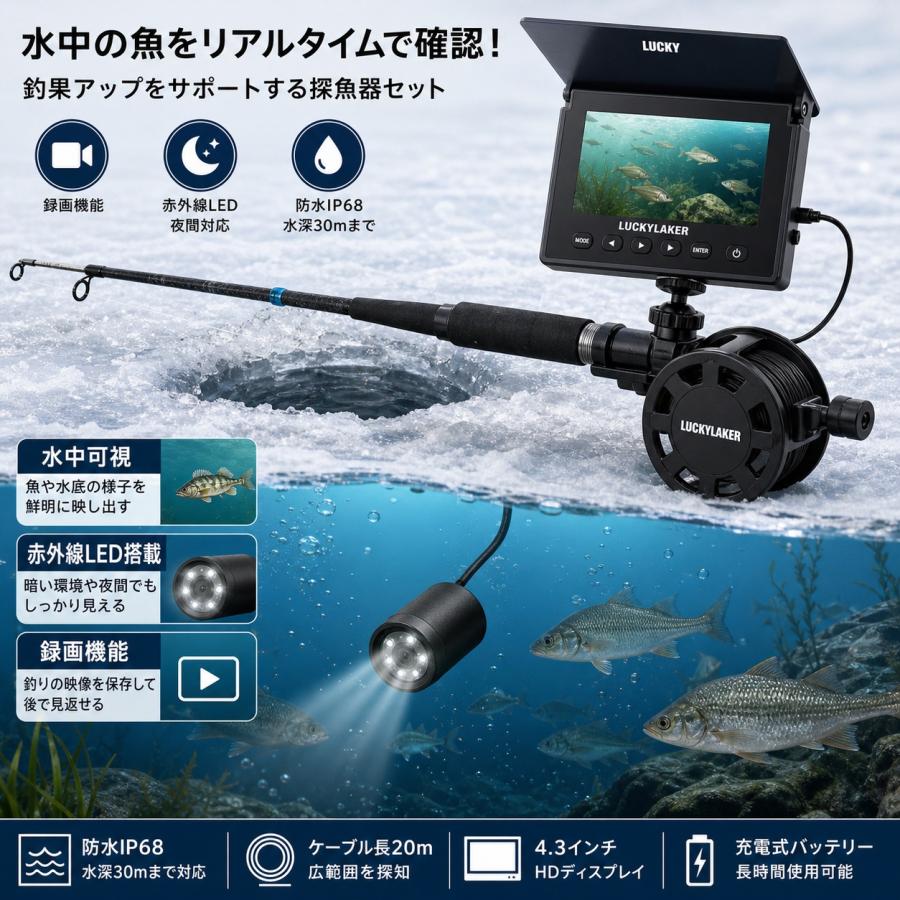 魚群探知機 ポータブル魚群探知機 沖でも魚群をキャッチ フィッシングカメラ 水中カメラ 釣り 4.3インチモニター 取付クランプ 釣竿 魚探 水中探査 深度30M |  | 04