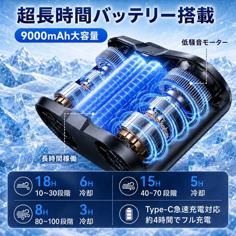 腰掛け扇風機 冷却プレート付き ベルトファン 超高速 強力送風 9000mAh大容量 4way ハンディファン 10段階風量調整 液晶表示 LEDライト 静音 軽量 |  | 06