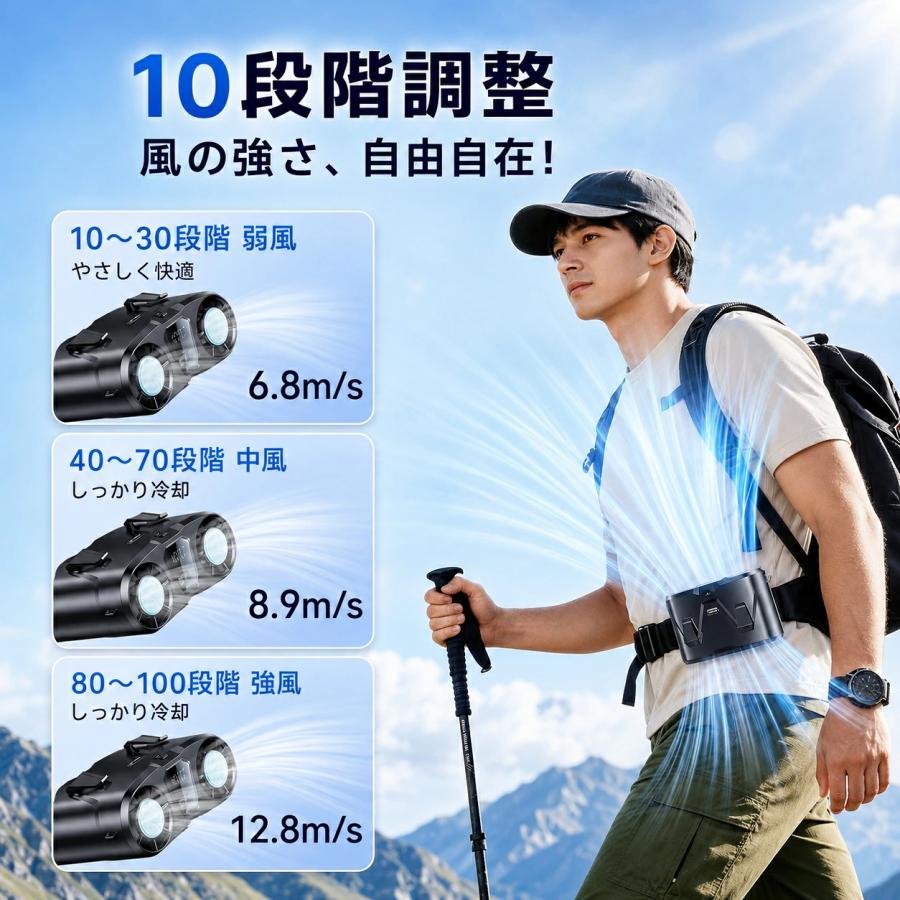 腰掛け扇風機 冷却プレート付き ベルトファン 超高速 強力送風 9000mAh大容量 4way ハンディファン 10段階風量調整 液晶表示 LEDライト 静音 軽量 |  | 09