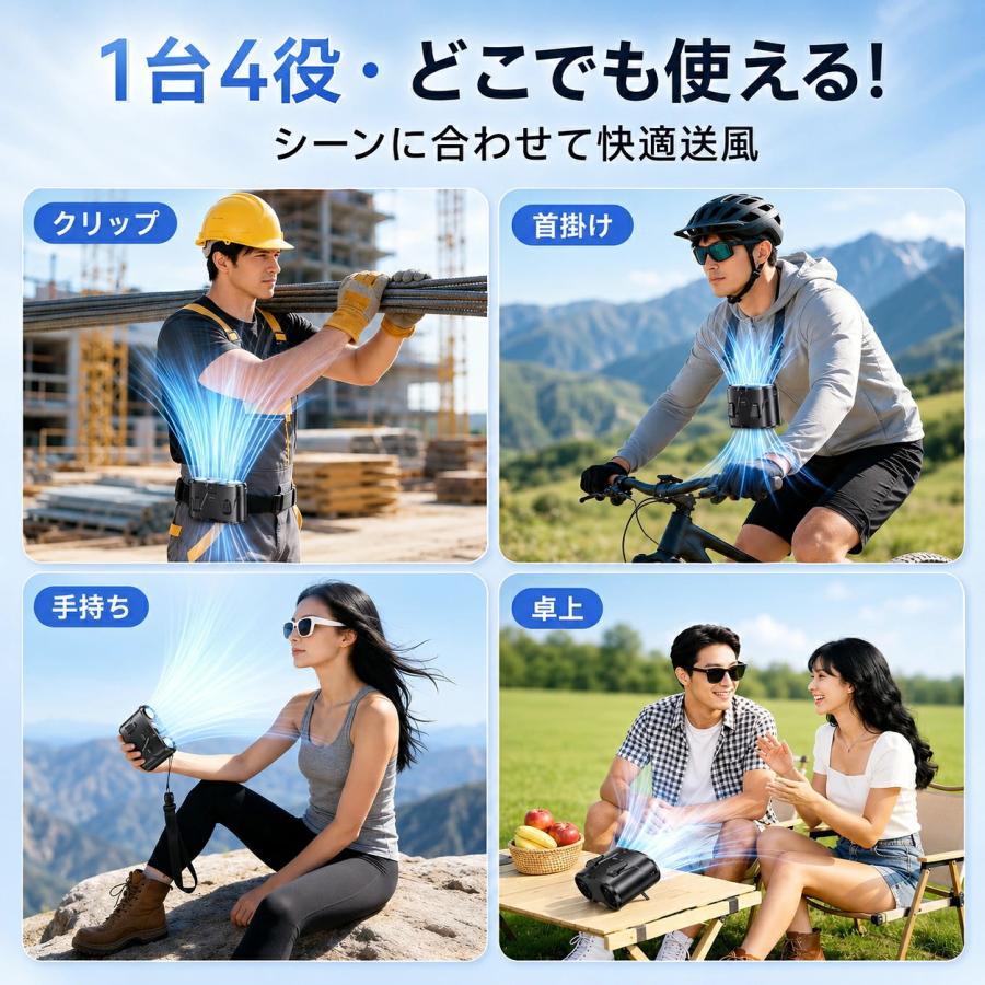 腰掛け扇風機 冷却プレート付き ベルトファン 超高速 強力送風 9000mAh大容量 4way ハンディファン 10段階風量調整 液晶表示 LEDライト 静音 軽量 |  | 11